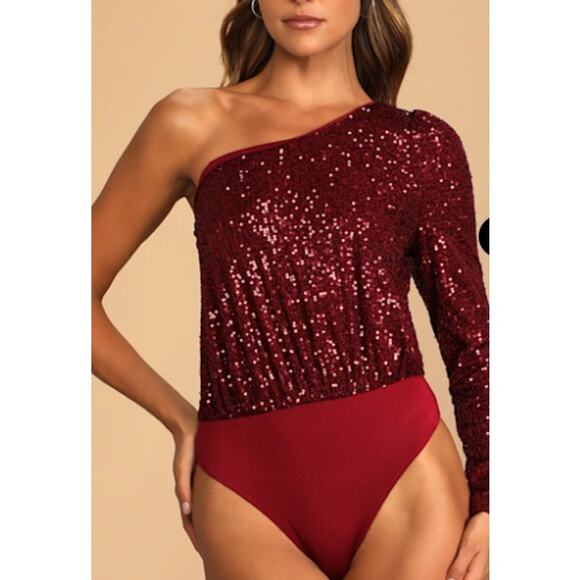 LULU'S SZ S Dancing Diva Wine Red Sequin One-Shoulder Bodysuit NEW B96 - Picture 1 of 10